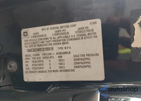 2001 GMC Jimmy Luxury из США, поврежденный, VIN 1GKCS63W812105518